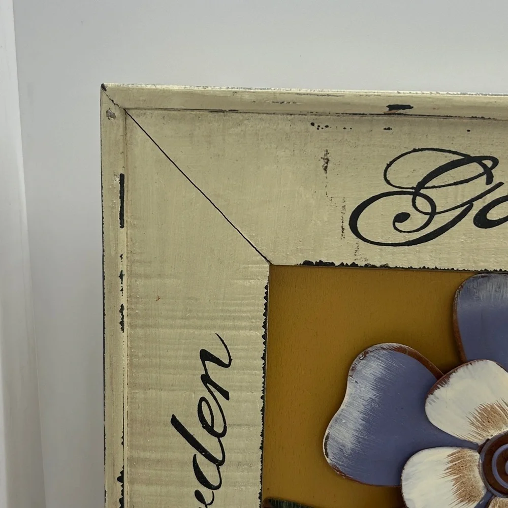 Sculpted Metal Flower Wall Hanging With a Rustic Wooden Frame Size 12x12 inches.